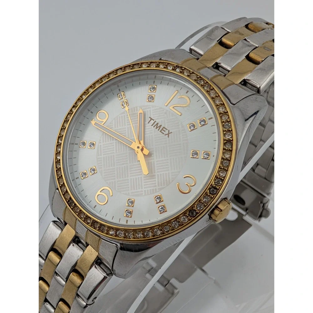 Timex Women 32mm Watch Two Tone Crystal Bezel T2P389 New Battery‎ 7.5